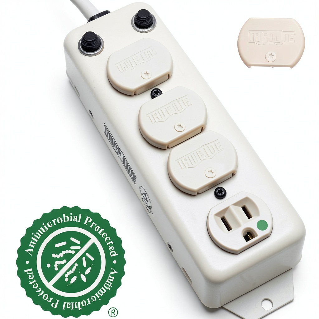Tripp Lite medical power strip mounted on an IV pole in a hospital room