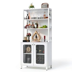 Wine Bar Cabinet with LED Lights and Power Outlet Storage-0