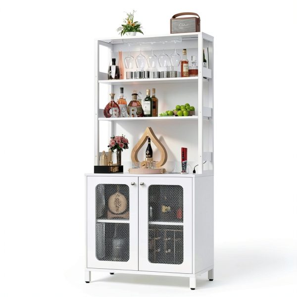 Wine Bar Cabinet with LED Lights and Power Outlet Storage-0