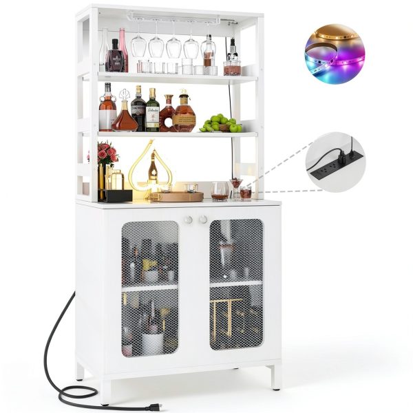 Wine Bar Cabinet with LED Lights and Power Outlet Storage-3
