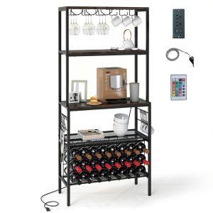 Gymax Wine Rack Coffee Bar Station Power Outlets Rustic-0