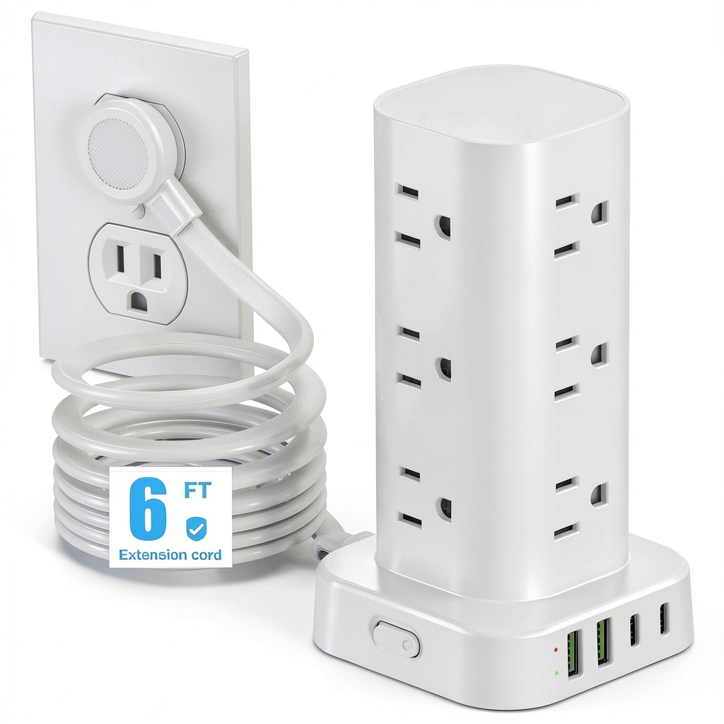 Installing 16-in-1 Power Strip Tower Surge Protector USB Charging on a wooden desk