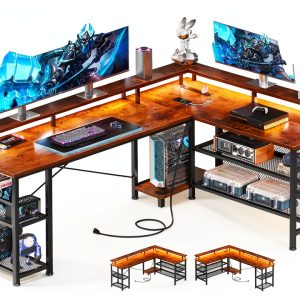 AODK L Shaped Gaming Desk LED Lights Power Outlets Storage-0