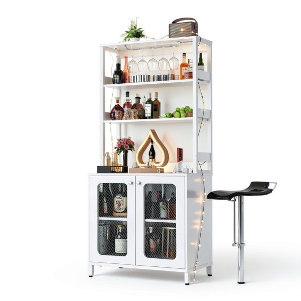 Wine Bar Cabinet with LED Lights and Power Outlet Storage-1