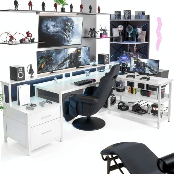Aheaplus L Shaped Desk with Power Hub LED Gaming Office-5