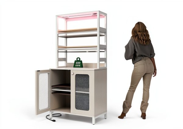 Wine Bar Cabinet with LED Lights and Power Outlet Storage-4