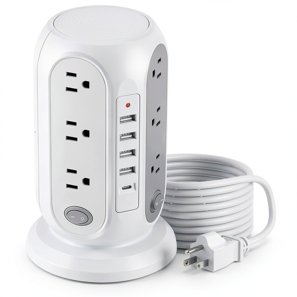 Installing Power Strip Tower 17‑in‑1 Surge Protection USB Charging on a wooden desk